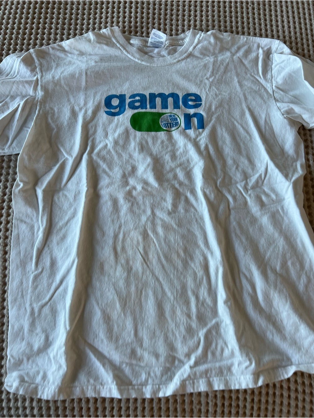 Port and Company White Tee with Blue and Green "game on" Graphic